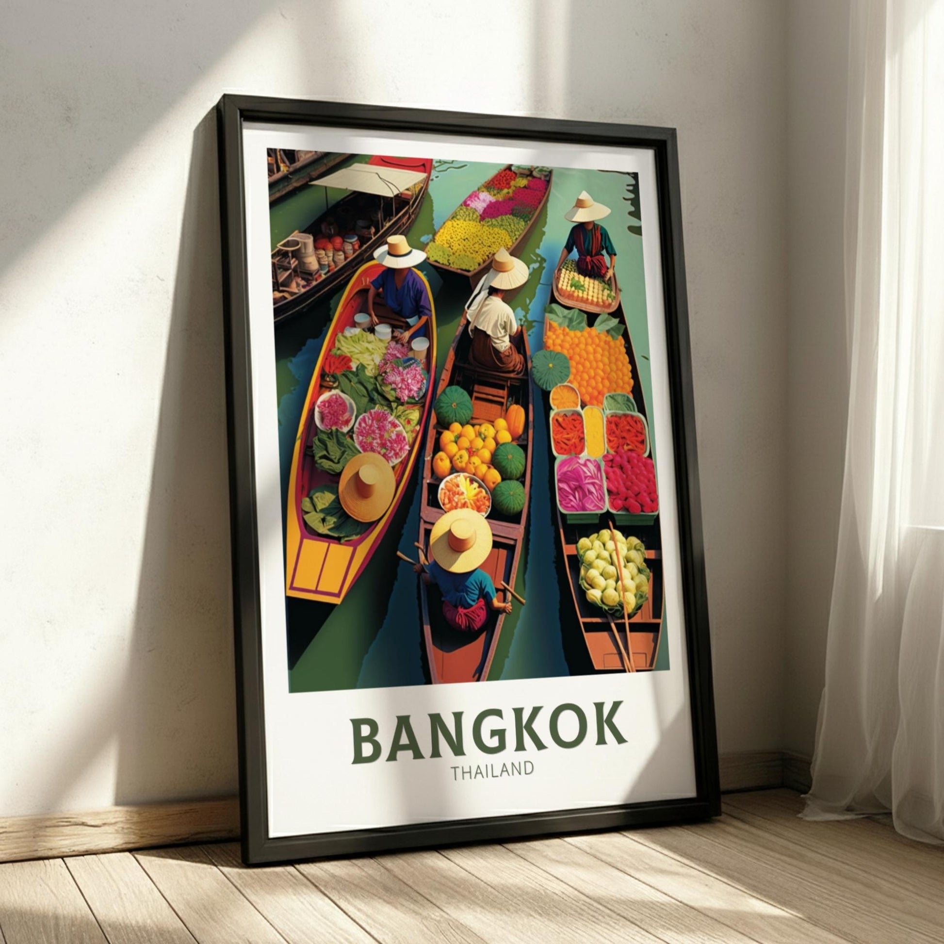 Framed poster of Bangkok, Thailand with colorful boats and market scene.