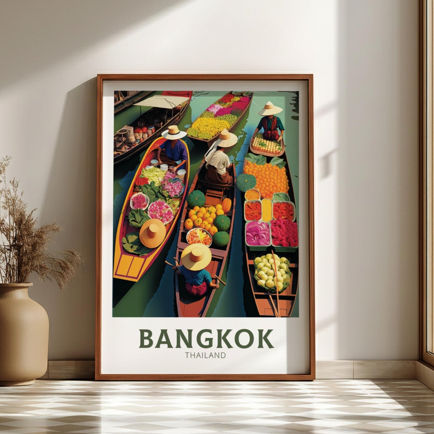Framed poster of Bangkok, Thailand with colorful boats and market scene.