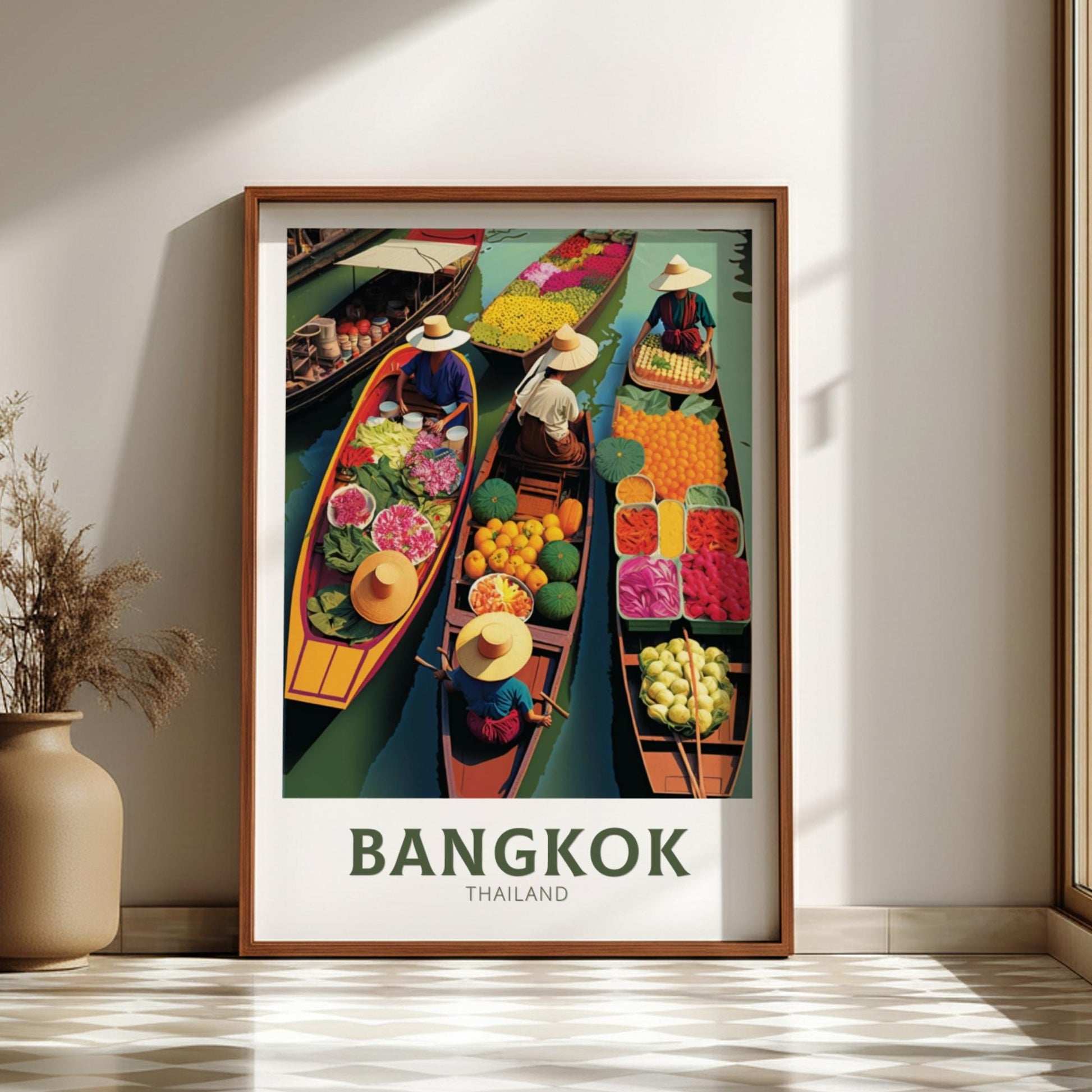 Framed poster of Bangkok, Thailand with colorful boats and market scene.