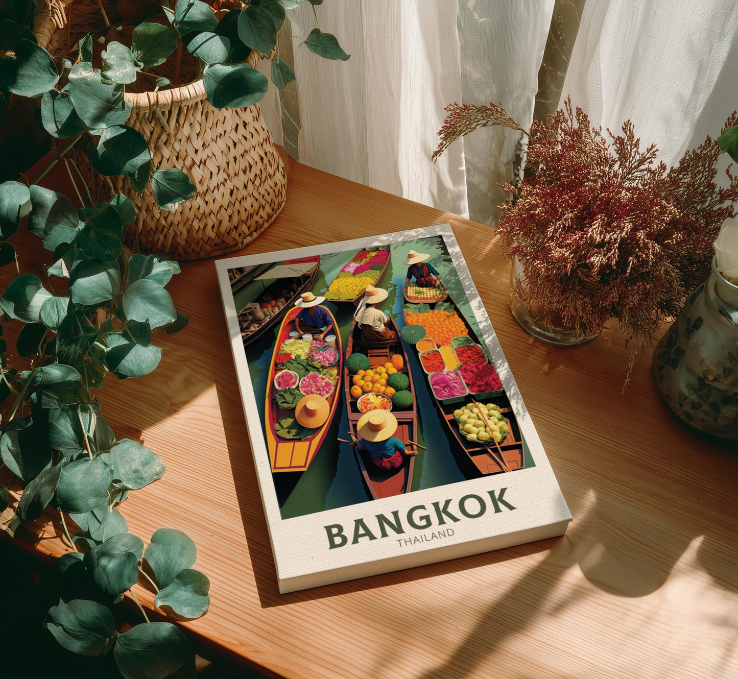Canvas 'Bangkok' on a wooden table with plants around
