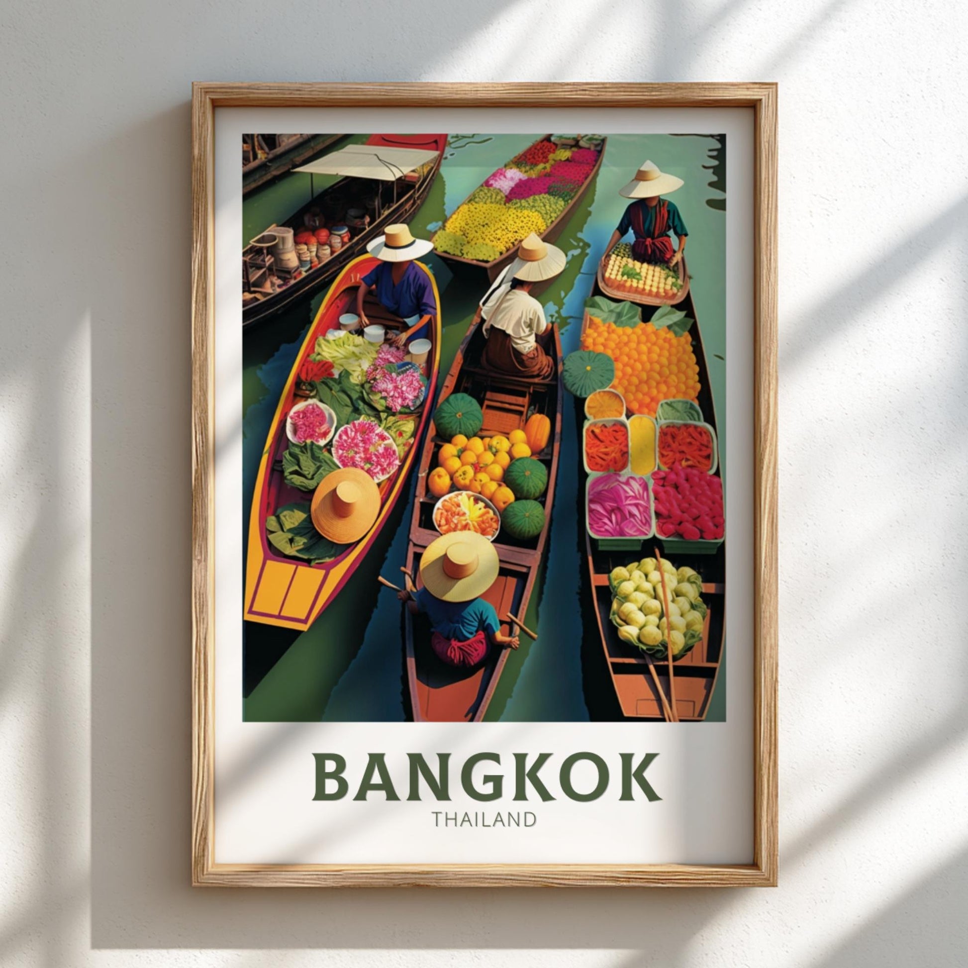 Framed poster of a colorful scene from Bangkok, Thailand with people in boats selling fruits and vegetables.