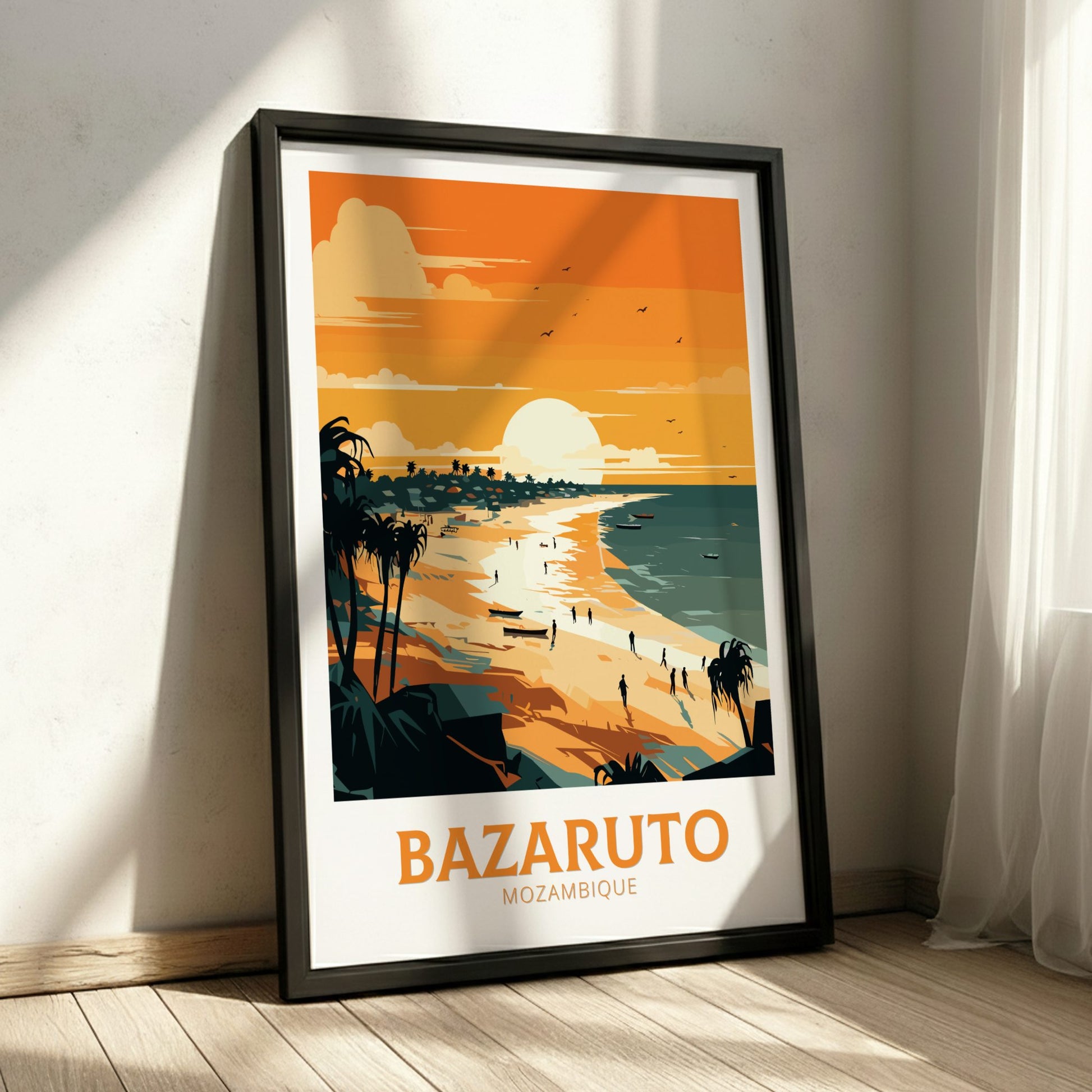 Framed artwork of a beach scene with 'Bazaruto Mozambique' text on a wall.
