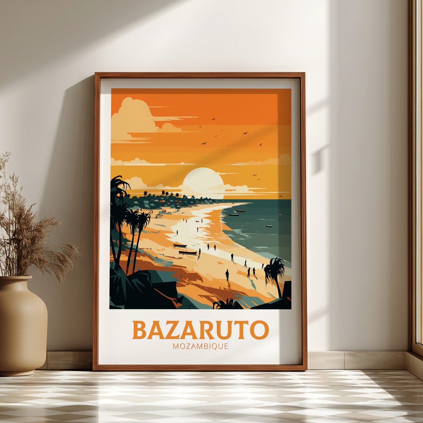 Framed artwork of a beach scene with 'Bazaruto Mozambique' text on a wall.