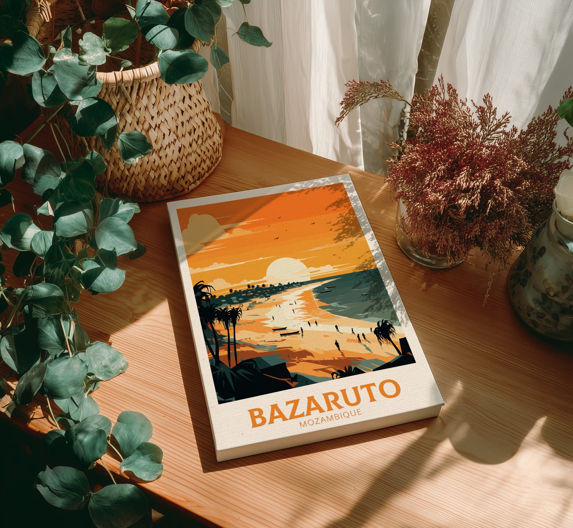 Canvas 'Bazaruto Mozambique' on a wooden table with plants around