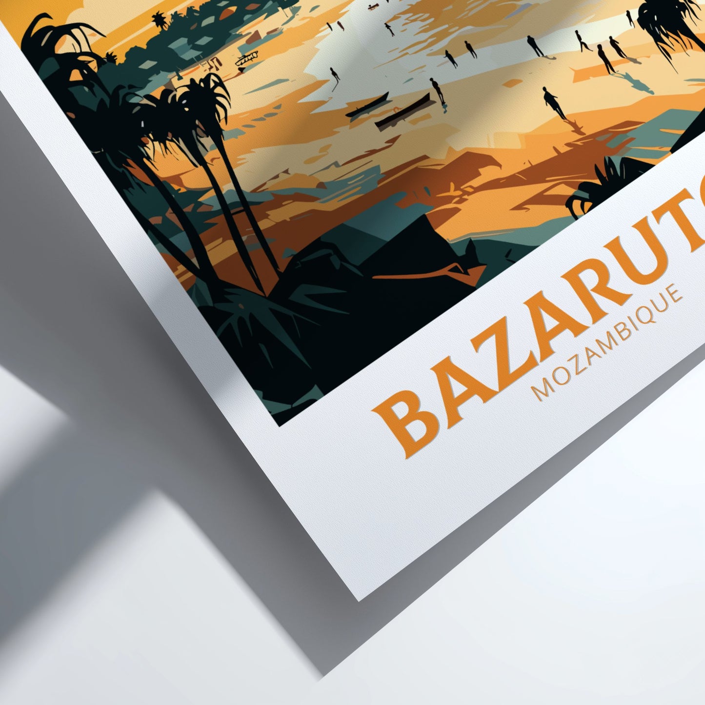 Poster of Bazaruto Mozambique with a sunset scene and palm trees.