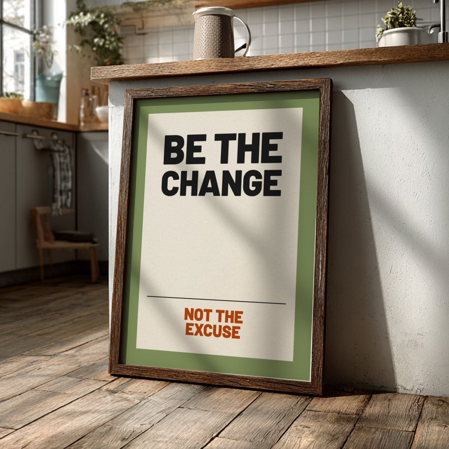 Motivational quotes poster featuring 'Be The Change' in bold typography, minimalist design with earthy tones.