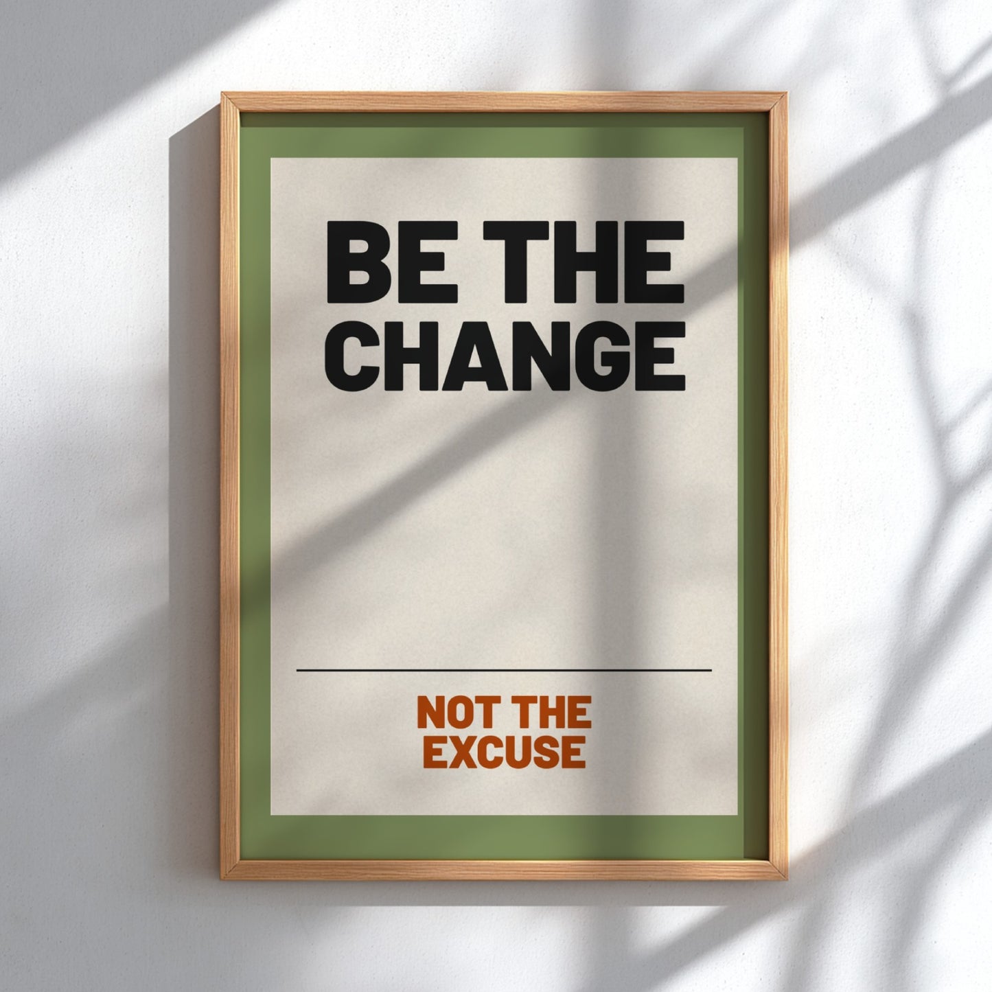 Motivational quotes poster featuring 'Be The Change' in bold typography, minimalist design with earthy tones.