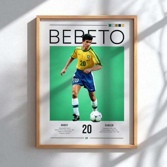 Bebeto football art featuring vibrant colors and vintage style, perfect for sports decor.