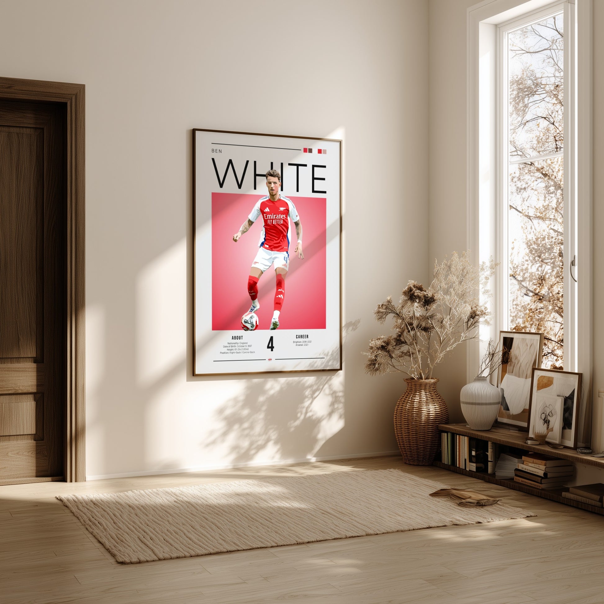 Ben White football poster featuring vibrant colors and dynamic pose, perfect for sports decor