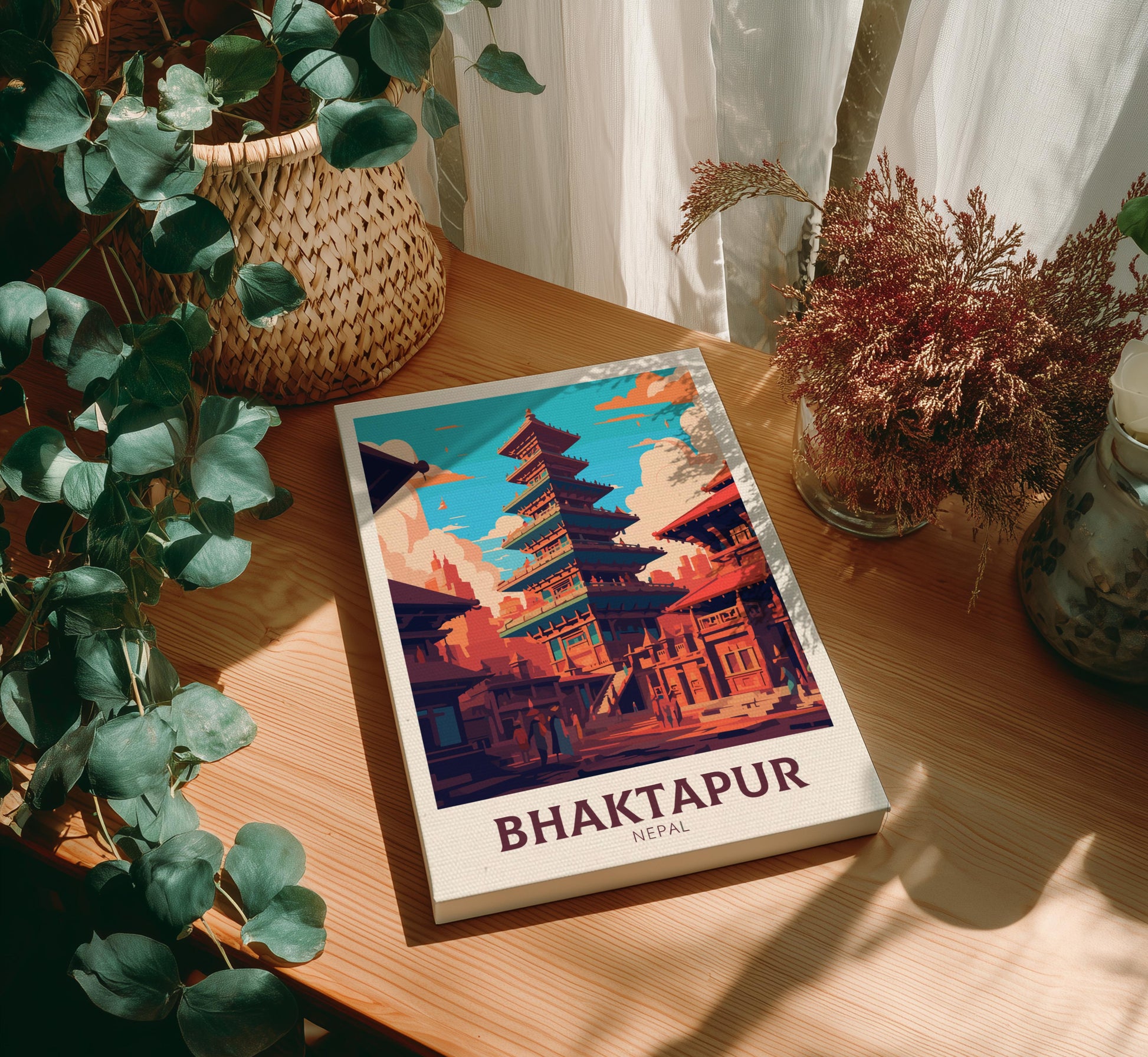 Canvas 'Bhaktapur Nepal' on a wooden table with plants around