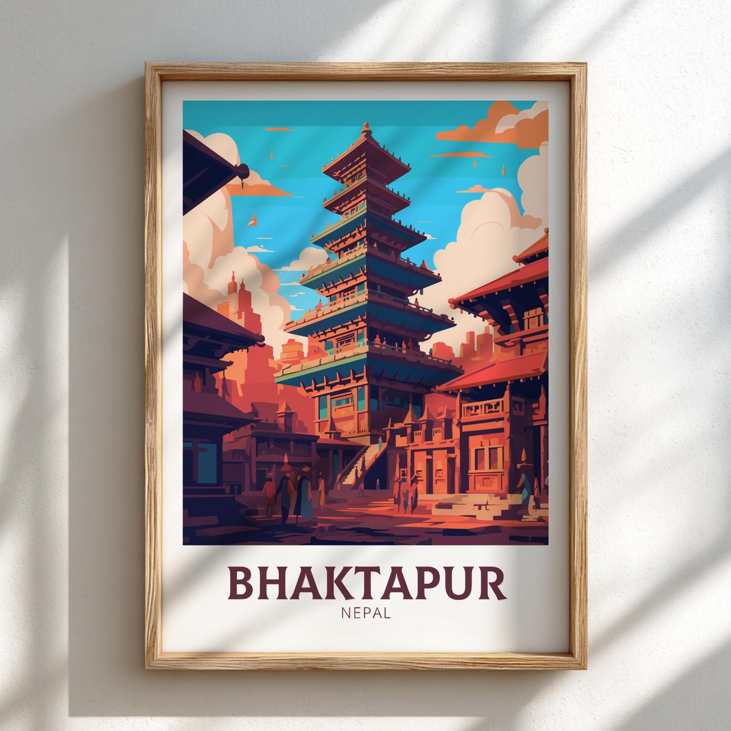 Framed poster of Bhaktapur, Nepal with a traditional building design.