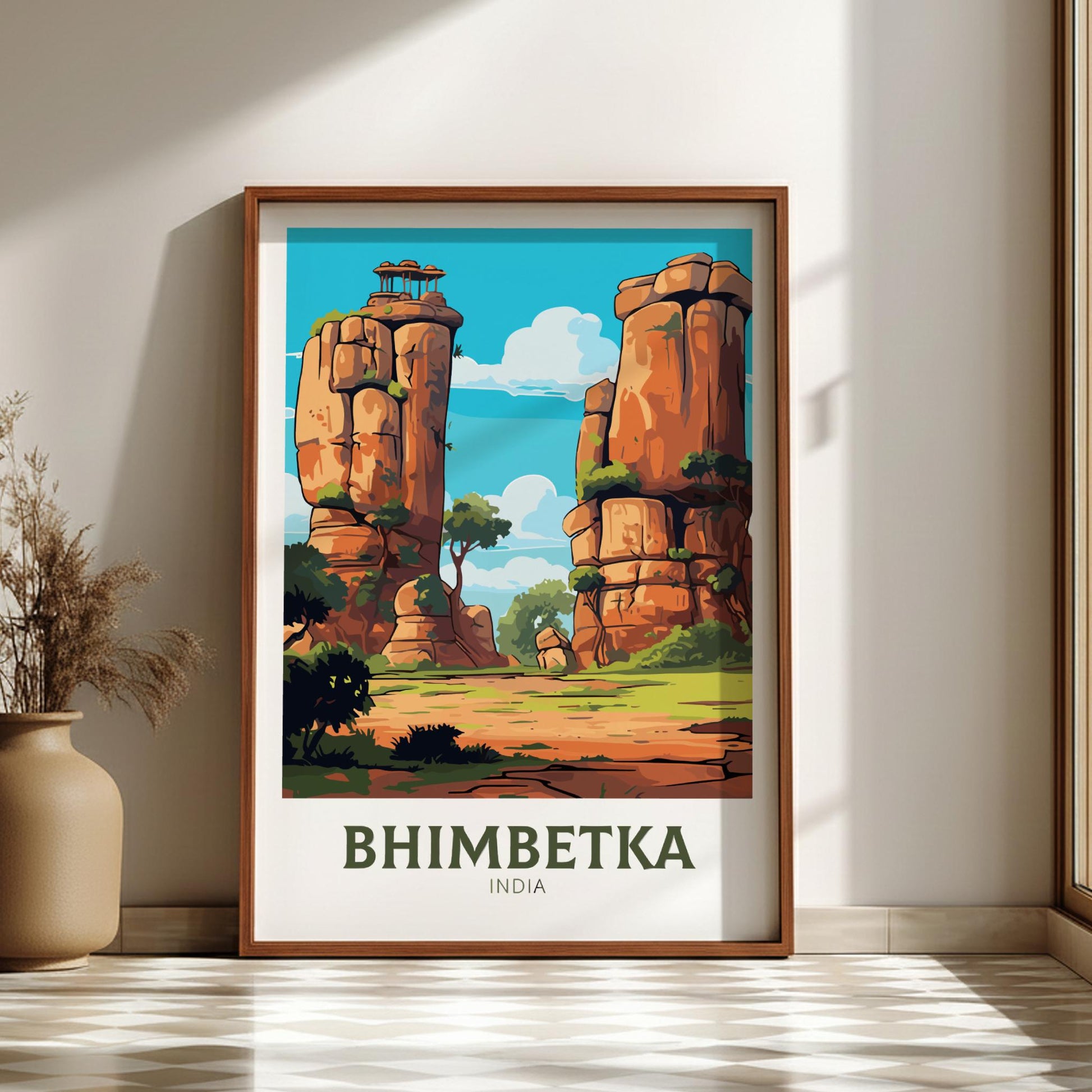 Framed poster of Bhimbetka, India with rock formations and trees on a wall.