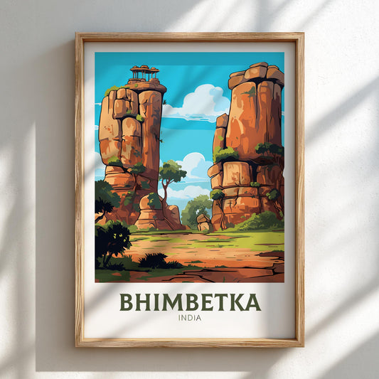 Travel artwork print of Bhimbetka rock shelters in India, featuring prehistoric rock paintings and rugged caves, with a vibrant blue sky and green landscape.