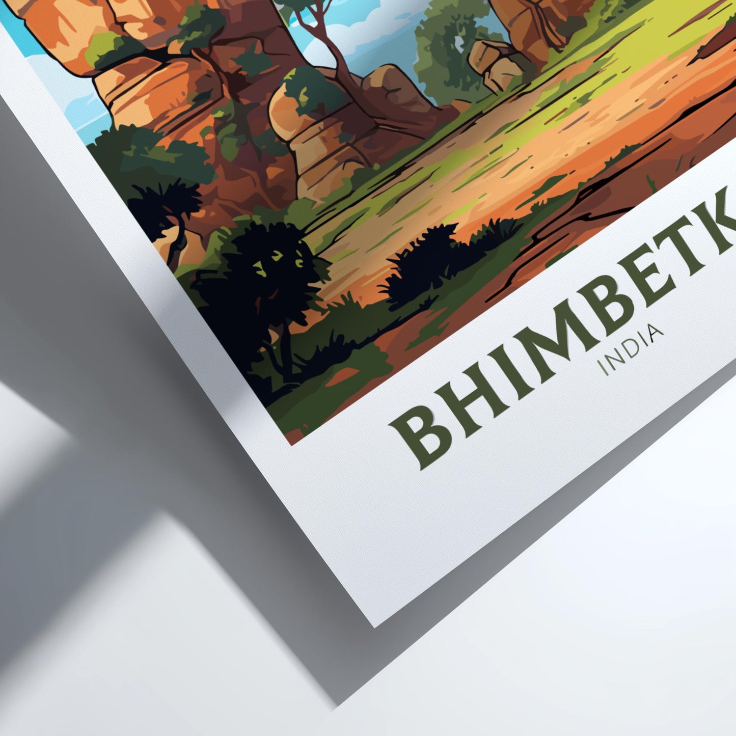 Illustration of a landscape with trees and rocks, featuring the text 'Bhimbetka India'.