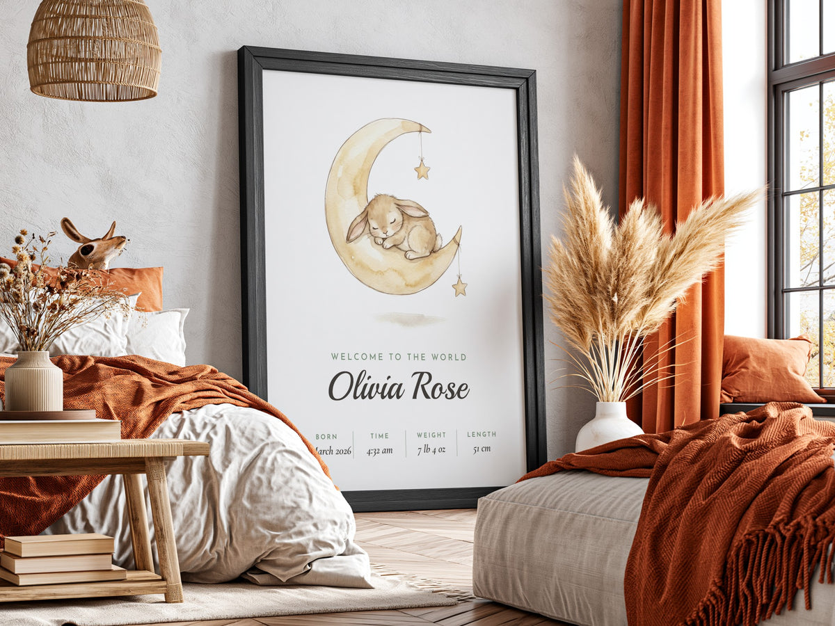 A framed personalized Christmas print featuring illustrated holiday cottages and the text 'Nuna & Grandad's Family Christmas 2026' displayed on a wall in a styled bedroom setting.