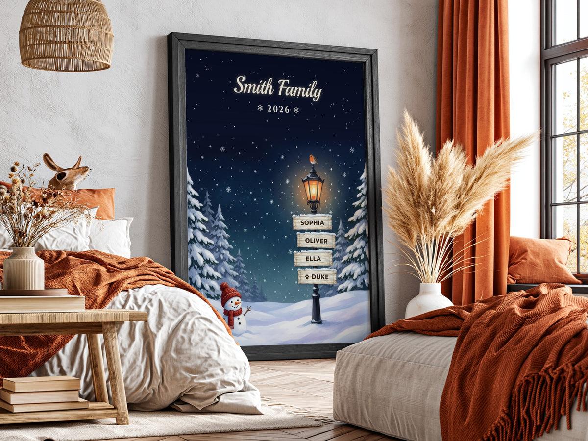 Personalised Christmas Lamppost Family Name Signpost Print