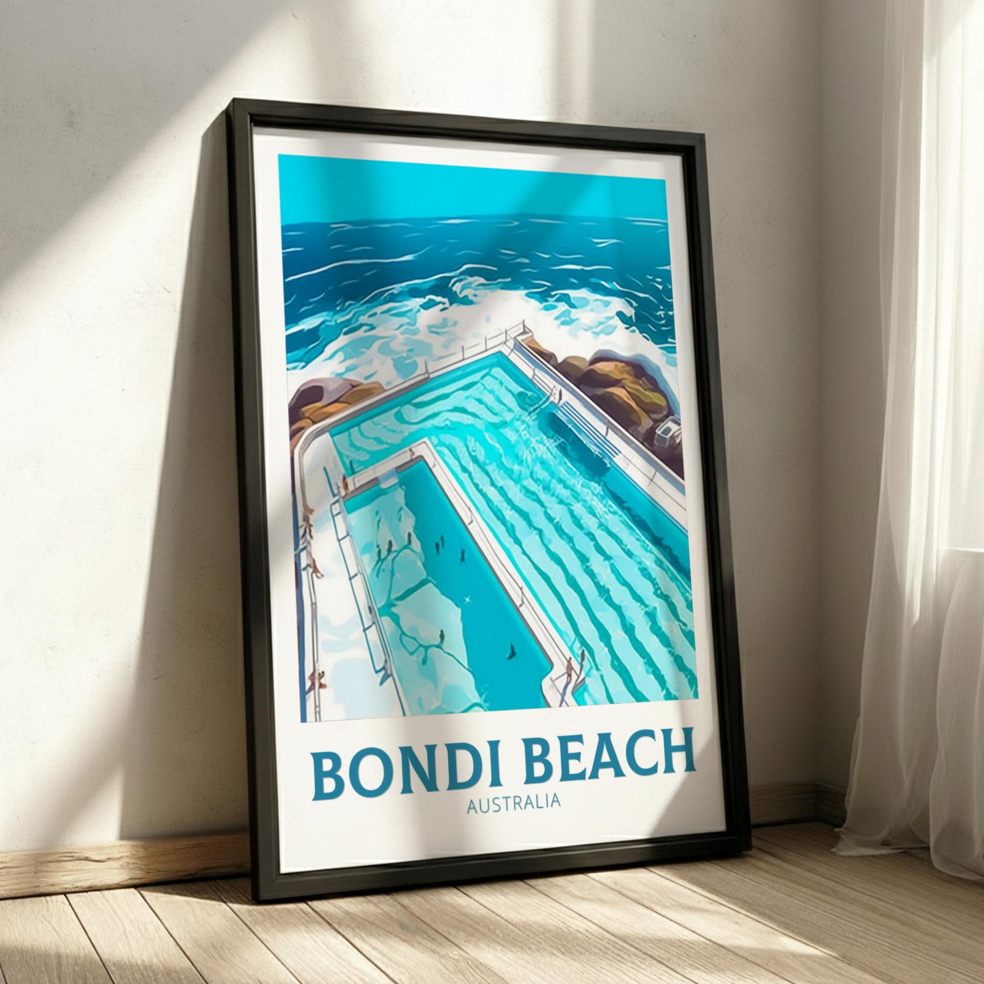 Framed poster of Bondi Beach, Australia with a pool and ocean view.
