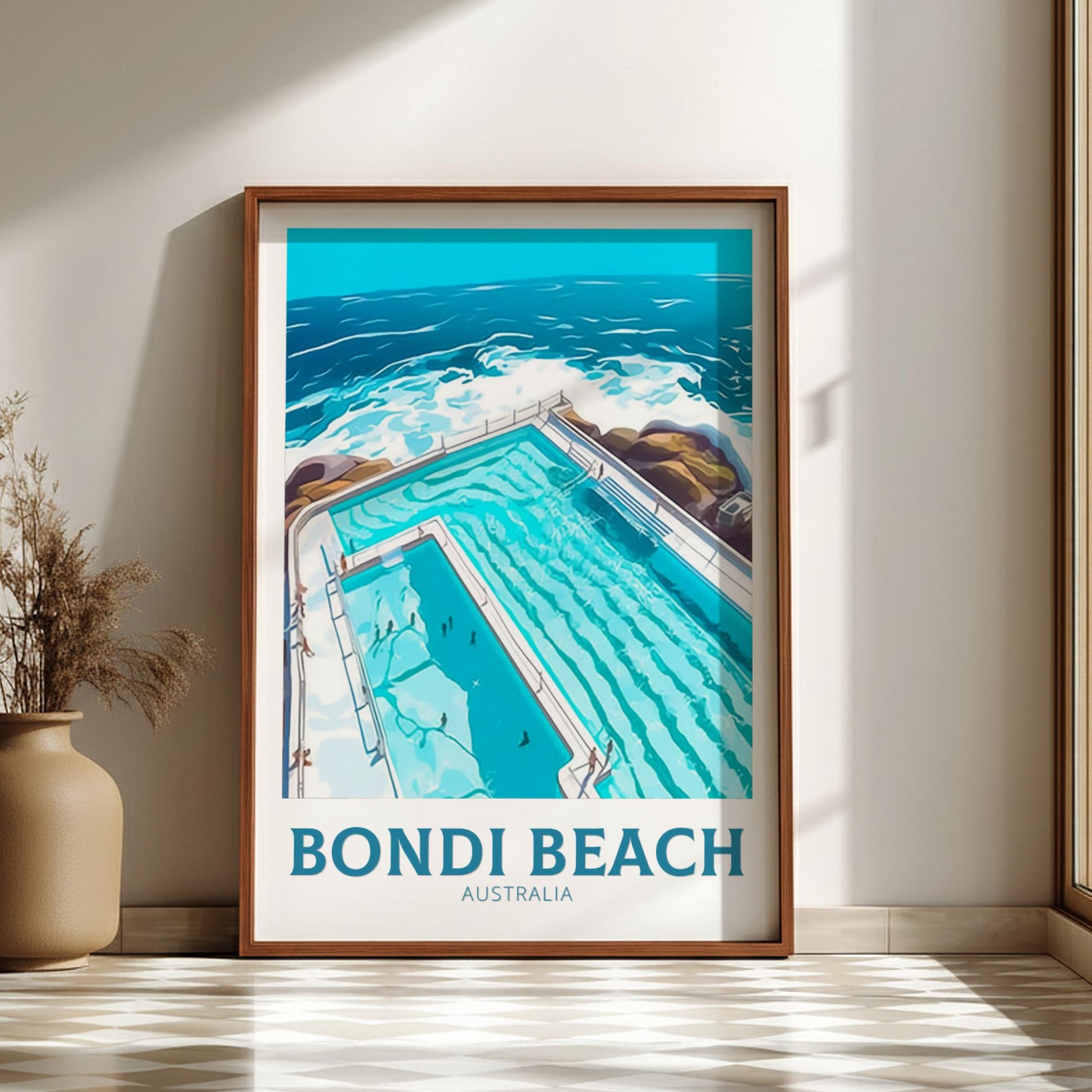 Framed artwork of Bondi Beach, Australia on a wall.