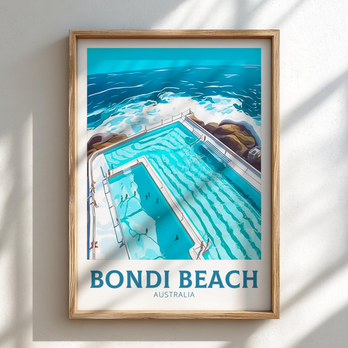 Framed artwork of Bondi Beach, Australia with a wooden frame.