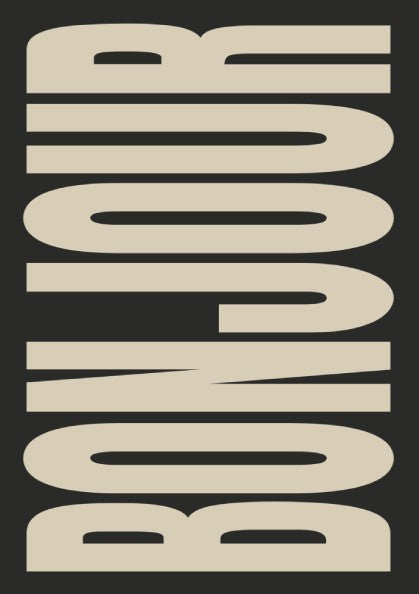 Bonjour poster featuring minimalist typography in charcoal and linen colors, perfect for wall decor.