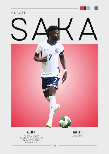 Bukayo Saka poster featuring England national team colors and dynamic action style