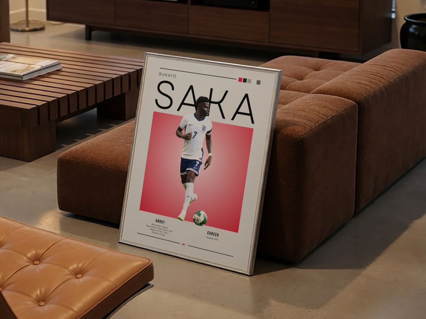 Bukayo Saka poster featuring England national team colors and dynamic action style