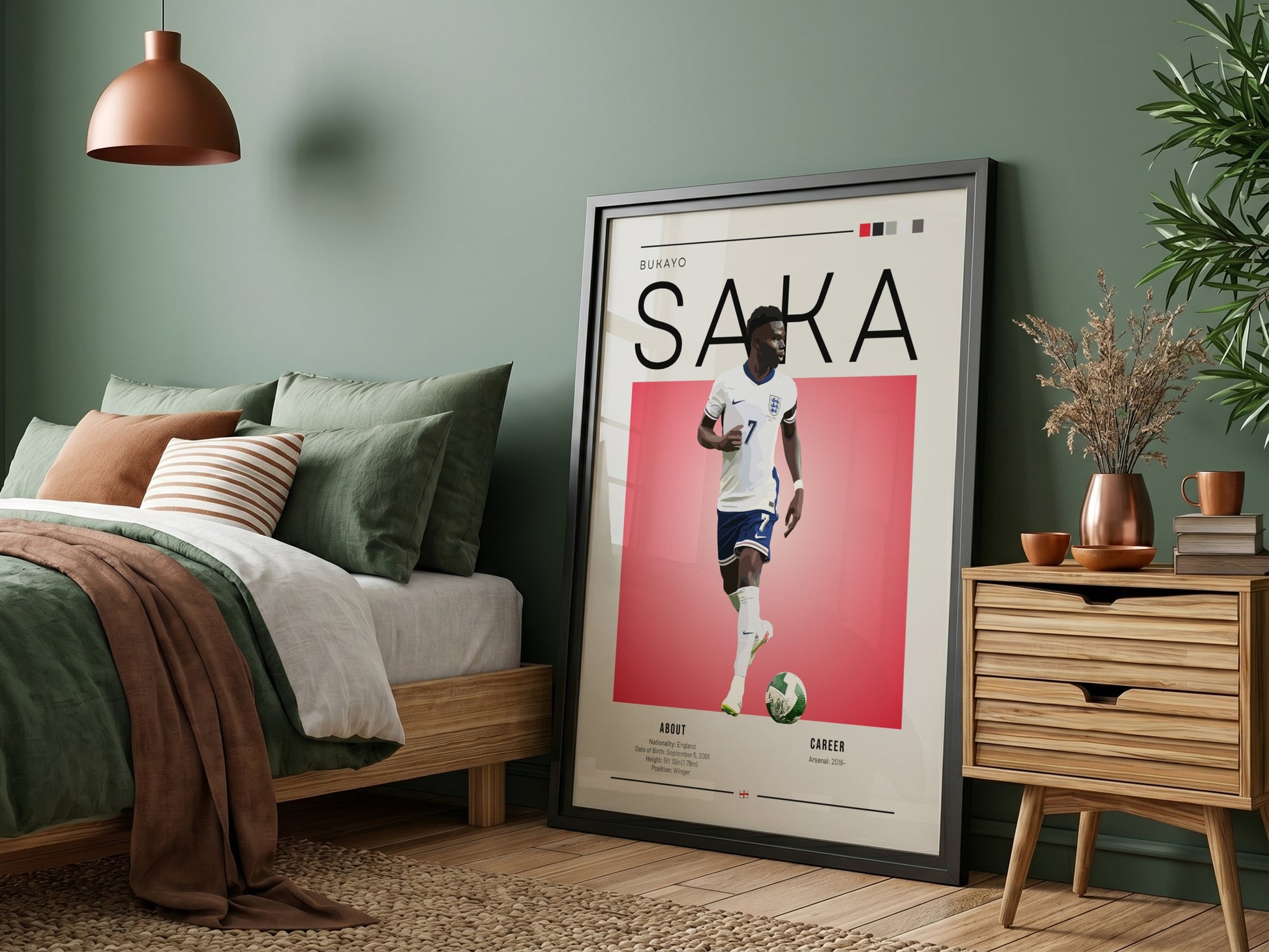 Bukayo Saka poster featuring England national team colors and dynamic action style