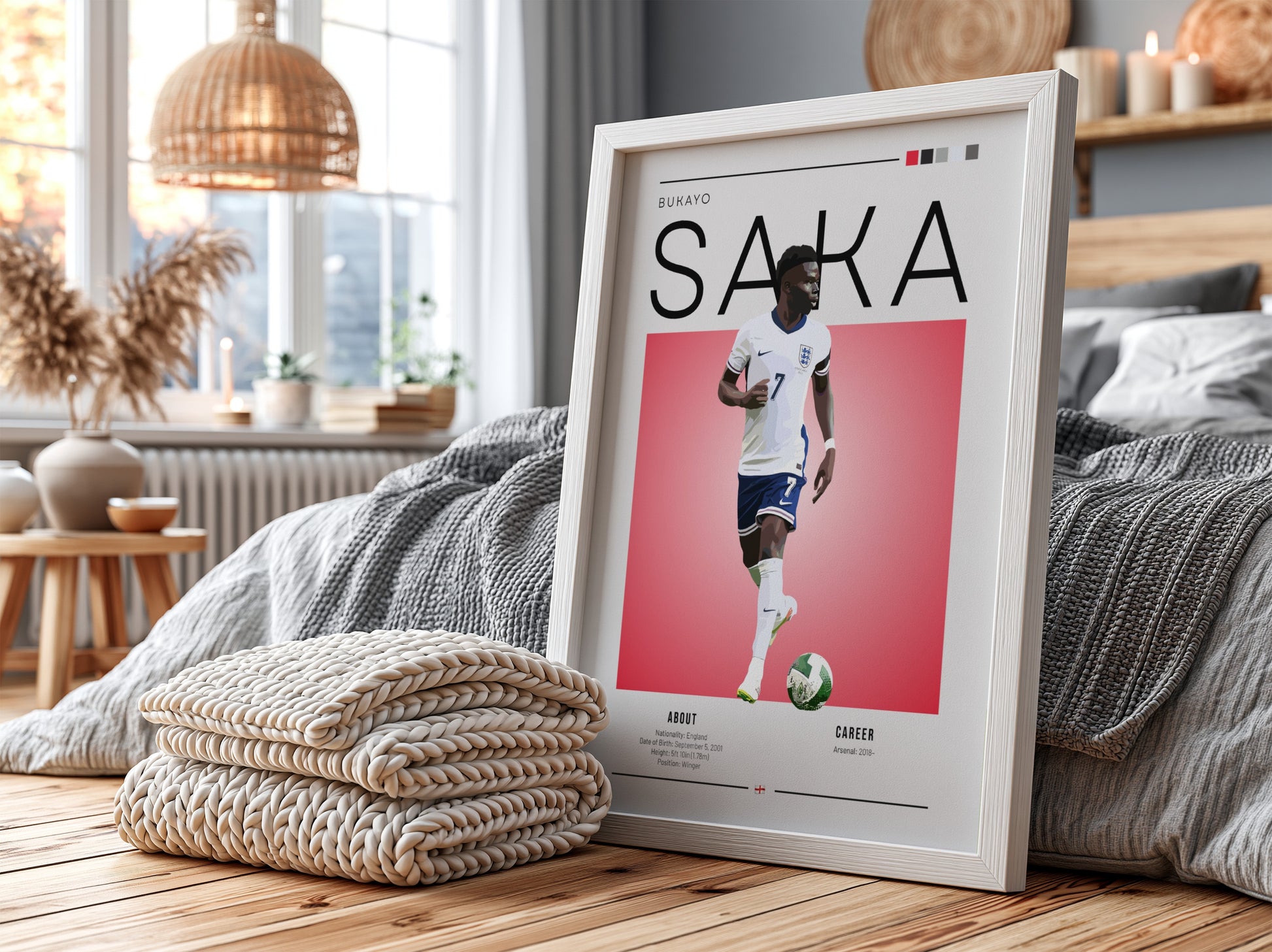 Bukayo Saka poster featuring England national team colors and dynamic action style