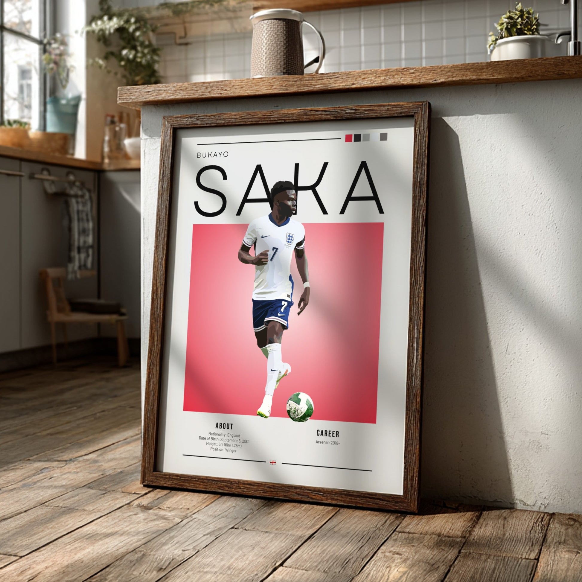 Bukayo Saka poster featuring England national team colors and dynamic action style