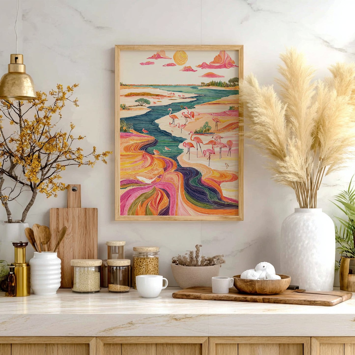 Vibrant art print of flamingos by a colorful river, with a stylized sun and clouds.