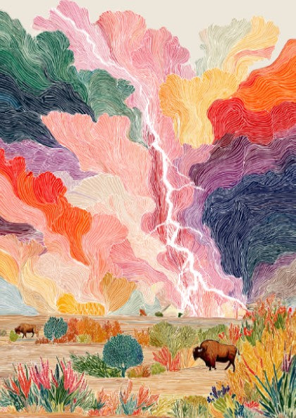 Prairie Bison Lightning poster featuring a colorful storm sky and a bison in a landscape.