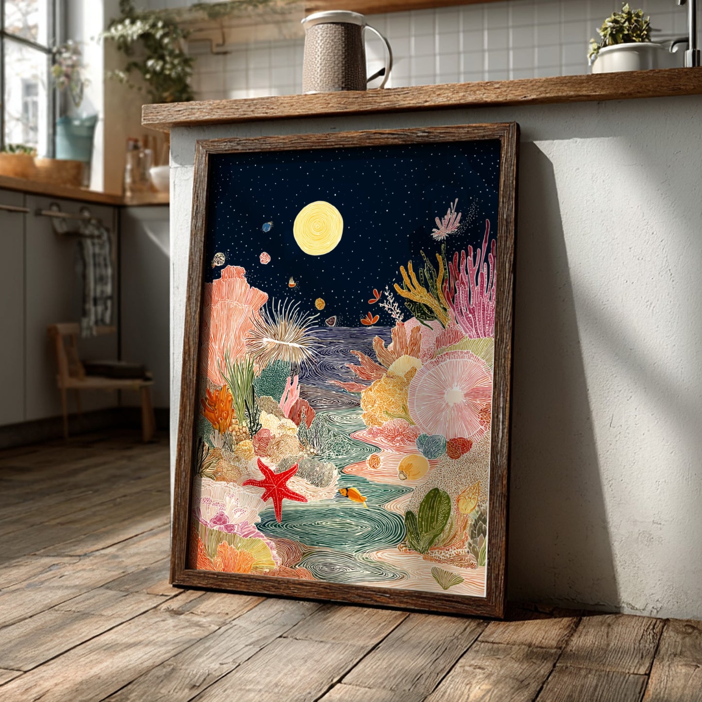 Tide Pool Midnight Blue wall art featuring a vibrant coral reef under a starry night sky with a moon