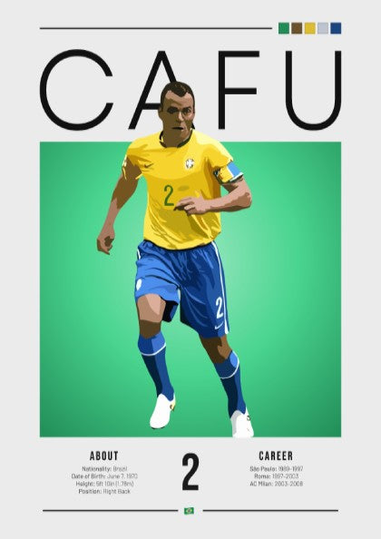 Cafu Brazil football player graphic art in yellow and blue colors, modern wall decor