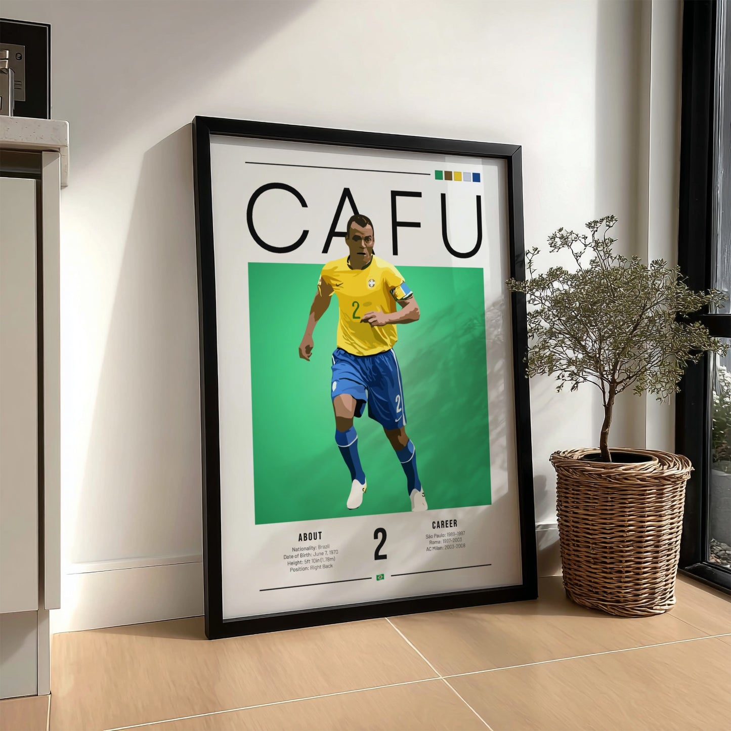 Cafu Brazil football player graphic art in yellow and blue colors, modern wall decor