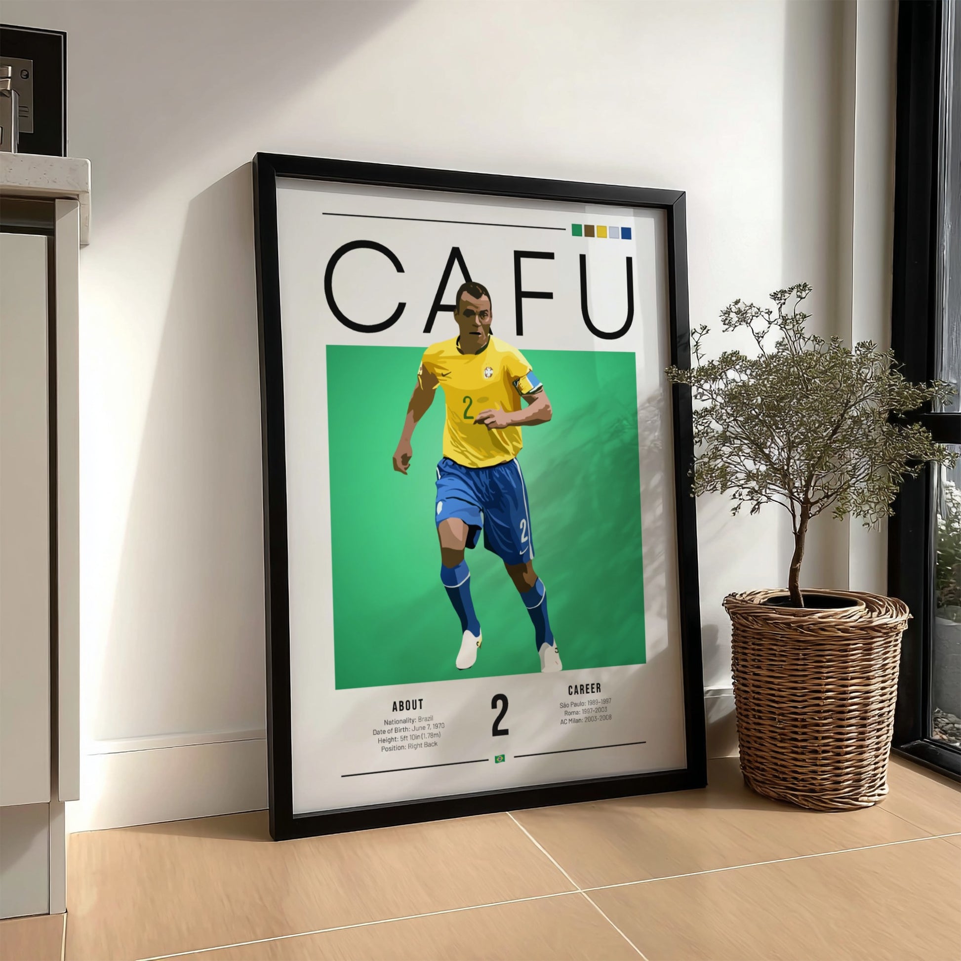 Cafu Brazil football player graphic art in yellow and blue colors, modern wall decor