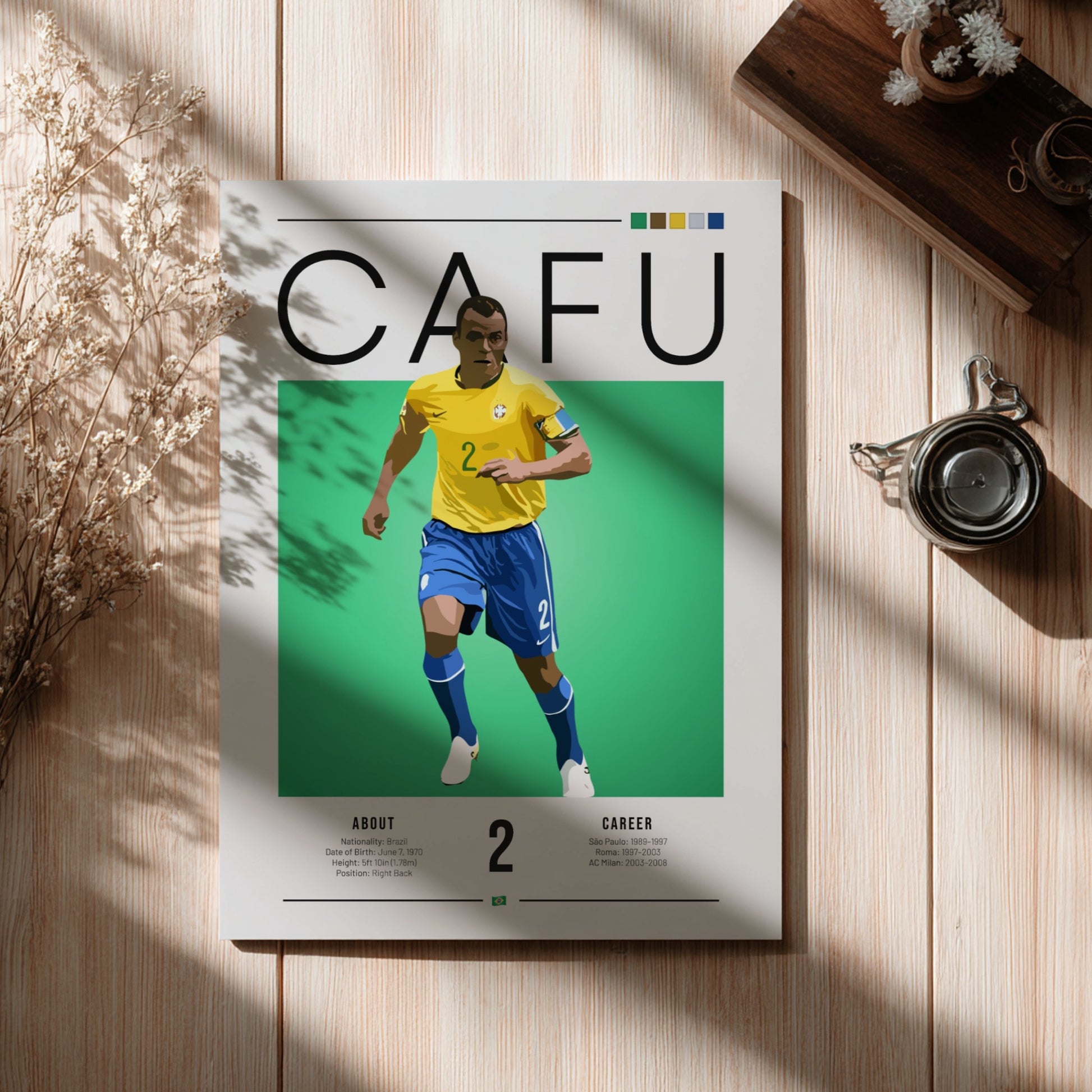 Cafu Brazil football player graphic art in yellow and blue colors, modern wall decor