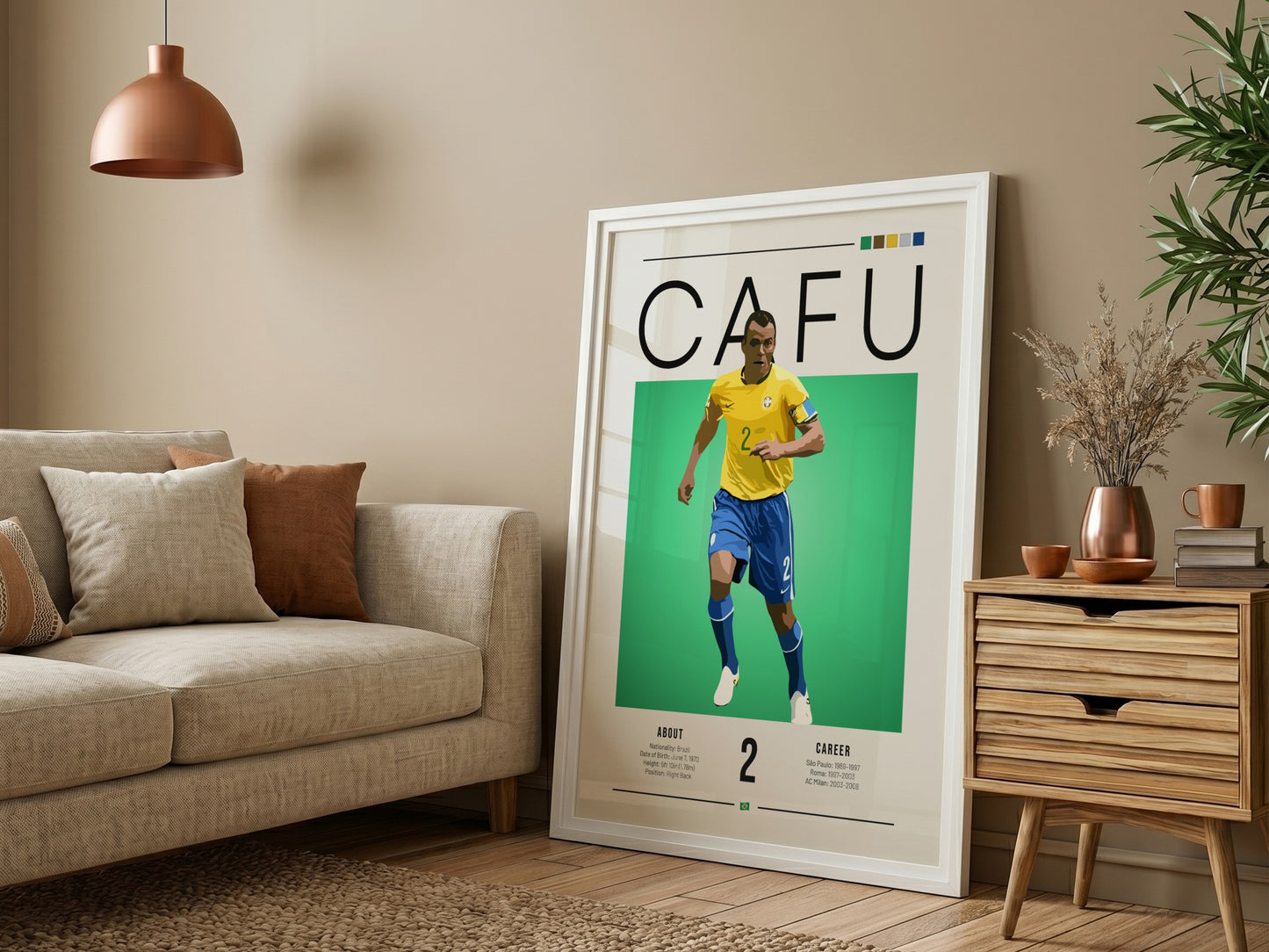 Cafu Brazil football player graphic art in yellow and blue colors, modern wall decor