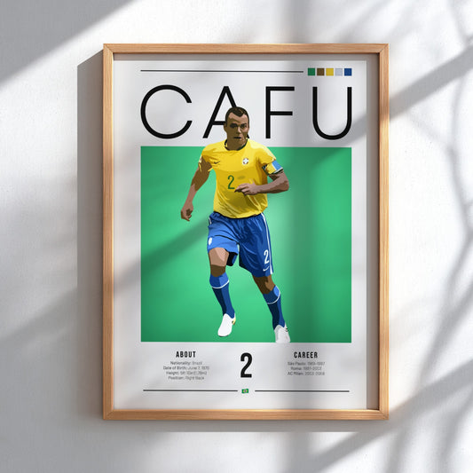 Cafu Brazil football player graphic art in yellow and blue colors, modern wall decor