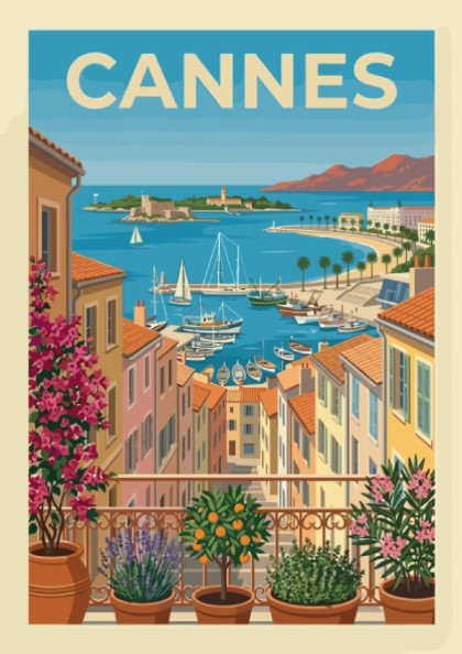 Cannes travel poster with colorful buildings and boats in a French Riviera harbor scene.