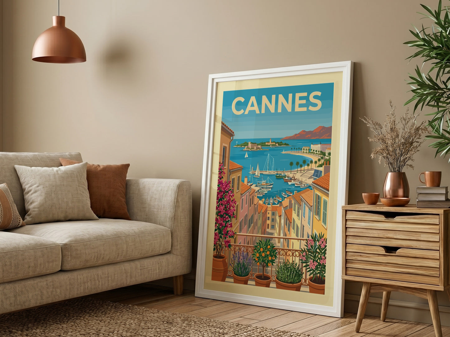 Cannes travel poster with colorful buildings and boats in a French Riviera harbor scene.