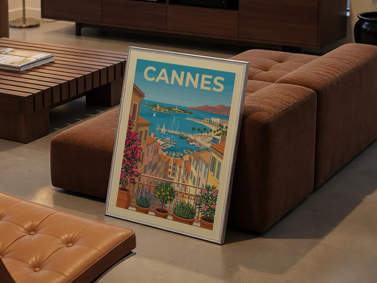 Cannes travel poster with colorful buildings and boats in a French Riviera harbor scene.