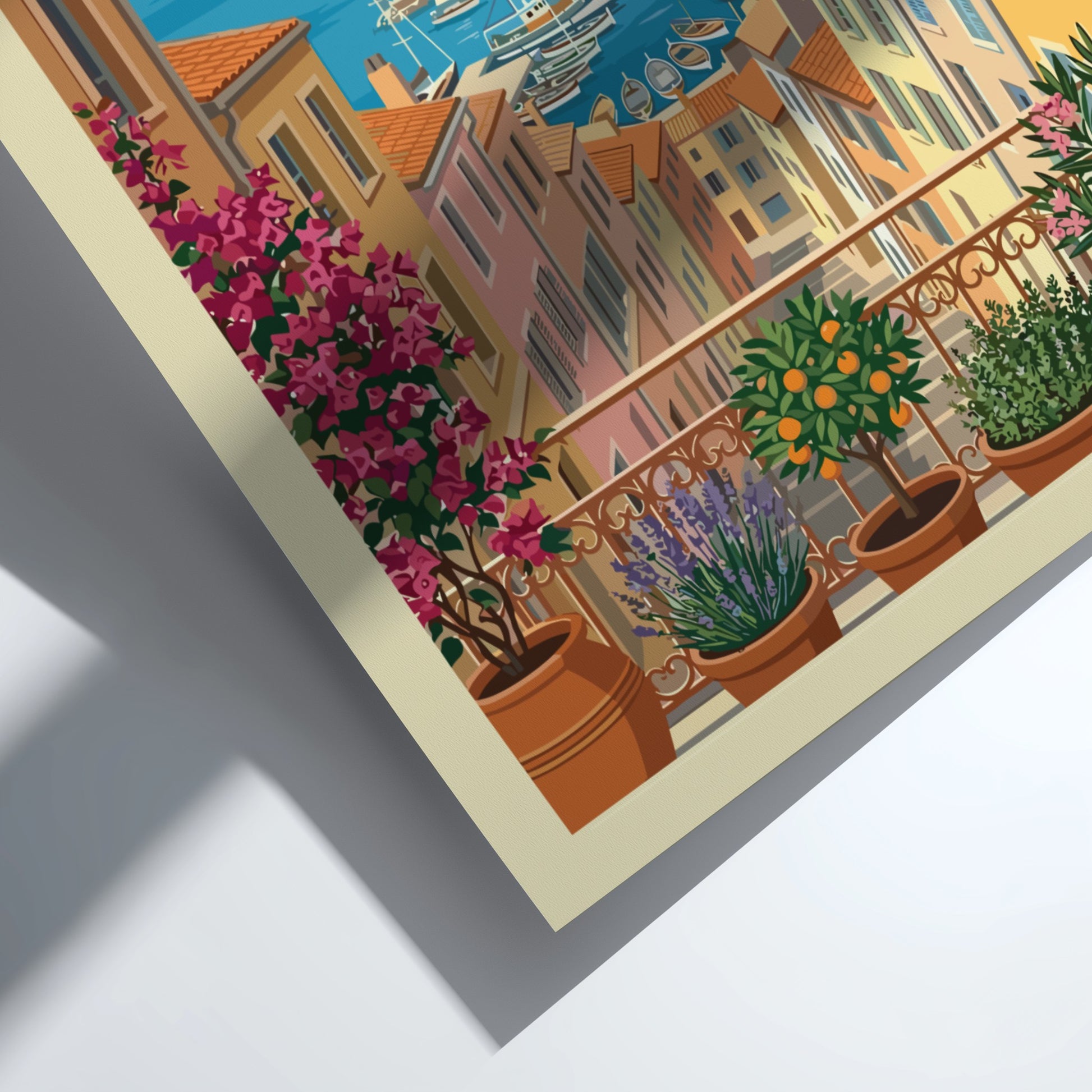 Cannes travel poster with colorful buildings and boats in a French Riviera harbor scene.