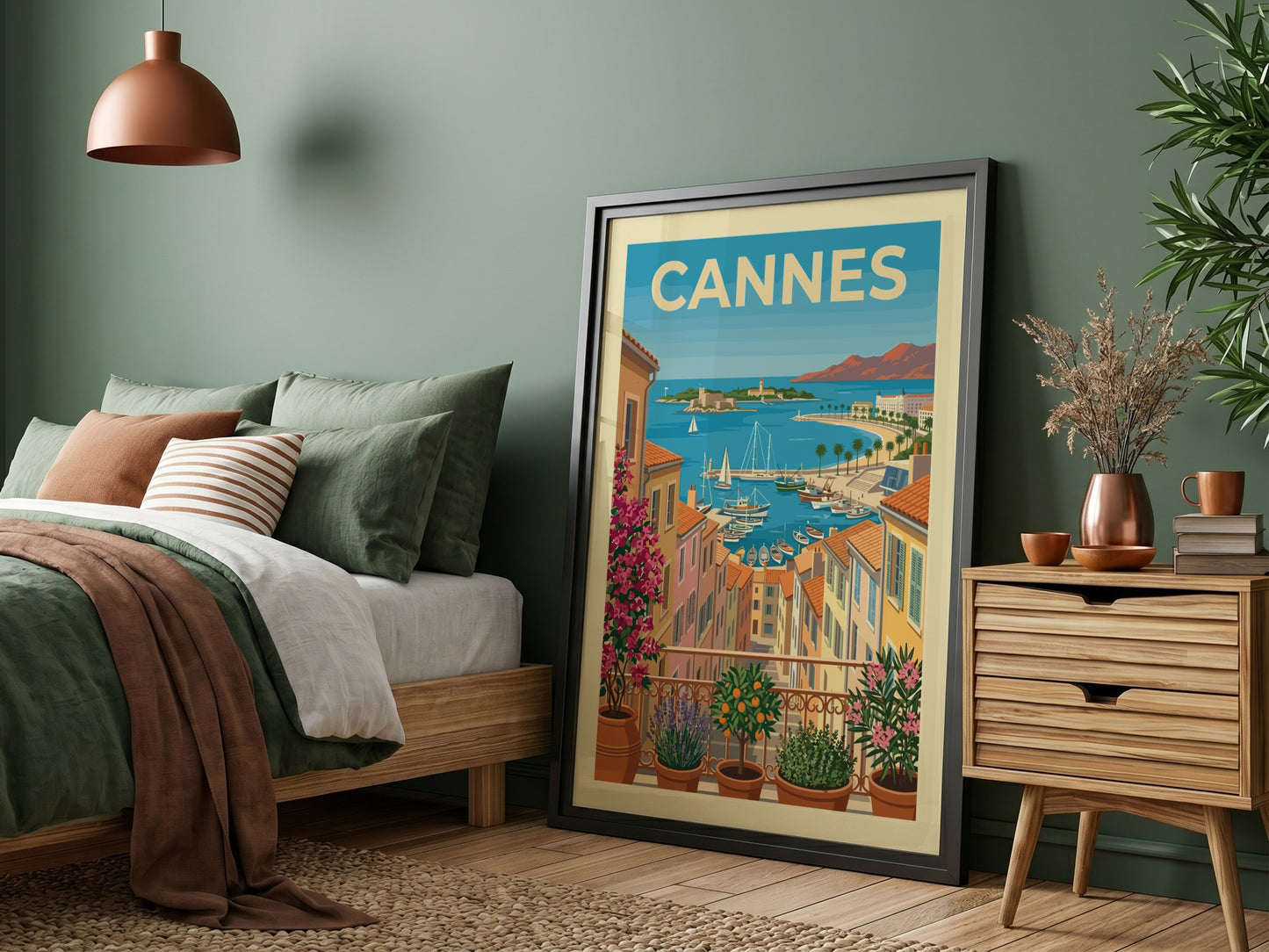 Cannes travel poster with colorful buildings and boats in a French Riviera harbor scene.