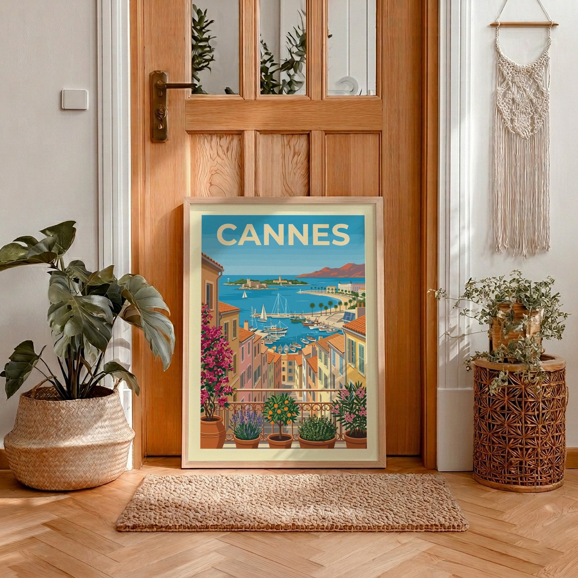 Cannes travel poster with colorful buildings and boats in a French Riviera harbor scene.