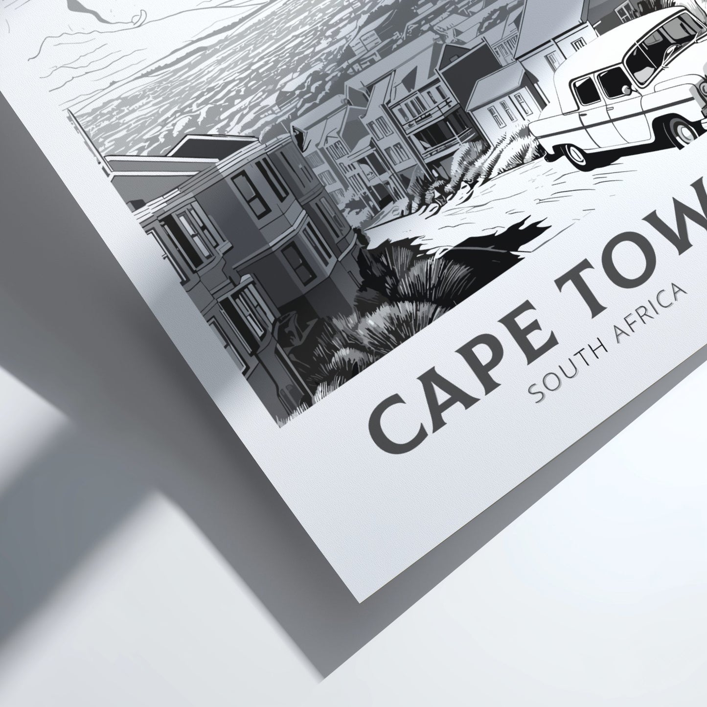 Illustration of Cape Town, South Africa with buildings and a van on a white background