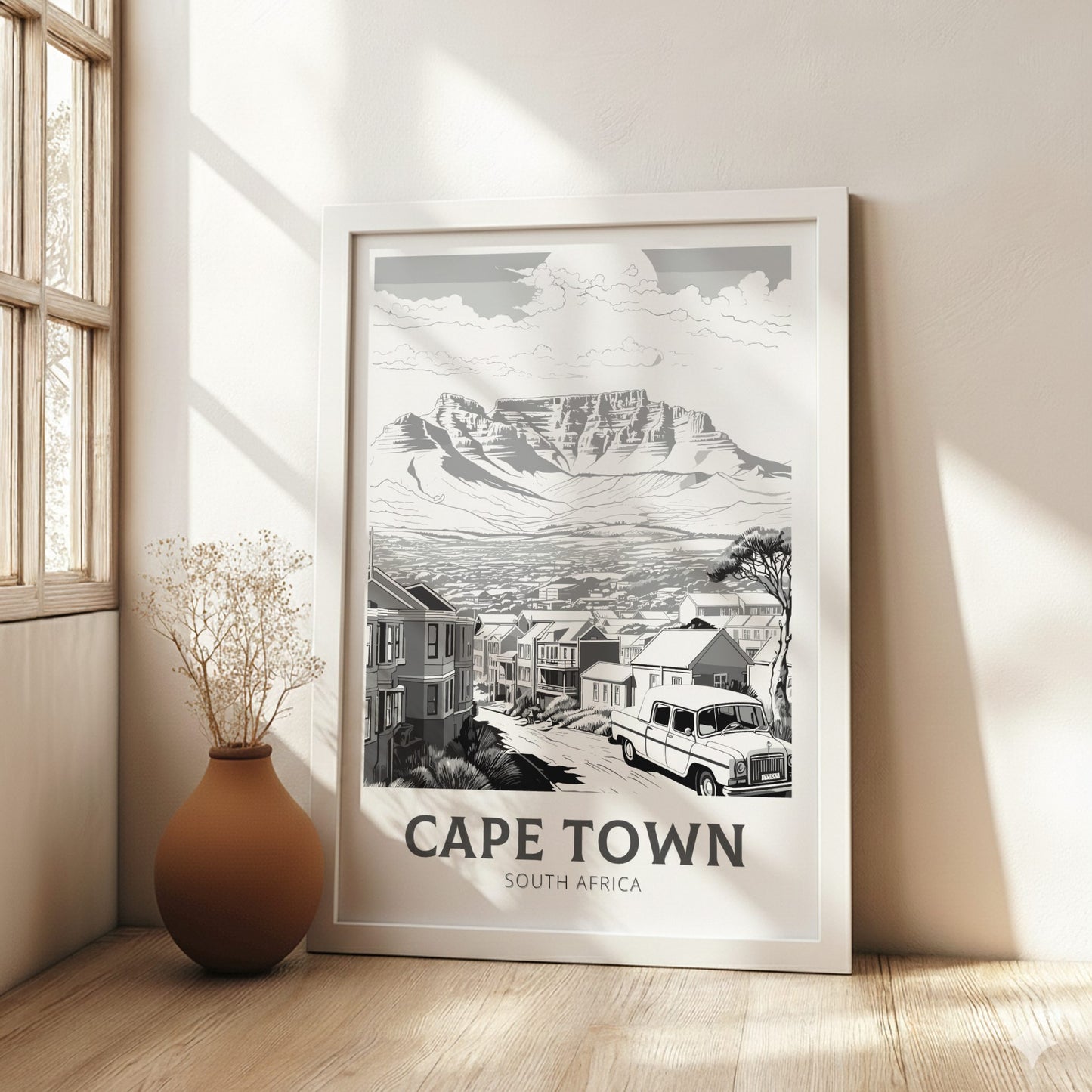 Framed artwork of Cape Town, South Africa, in a room with natural light.