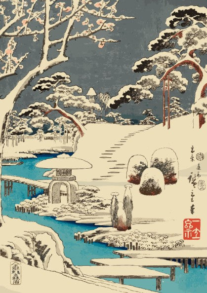 Japanese art poster of plum blossoms in snow, featuring a stone lantern and a blue river in Ukiyo-e style.
