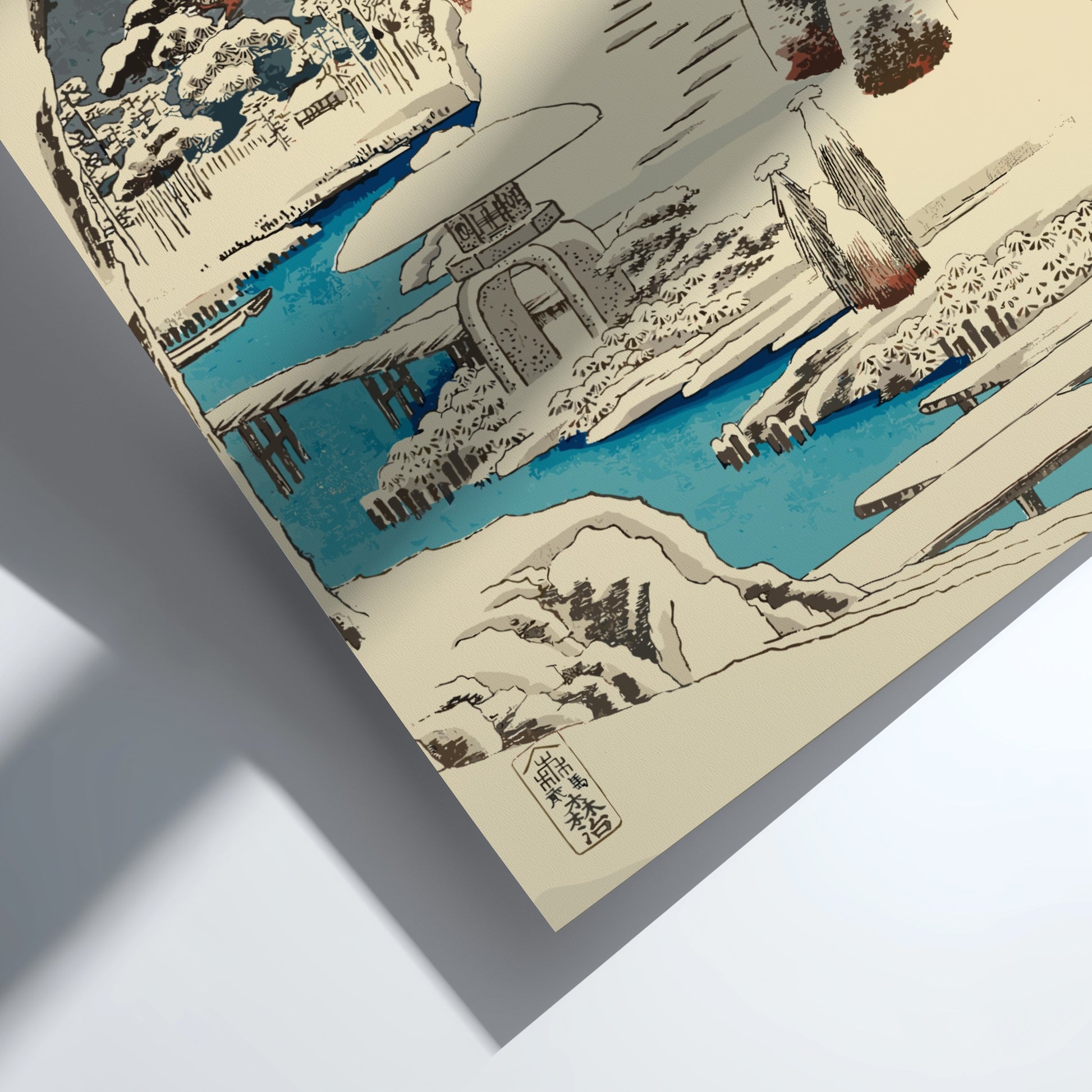 Japanese art poster of plum blossoms in snow, featuring a stone lantern and a blue river in Ukiyo-e style.