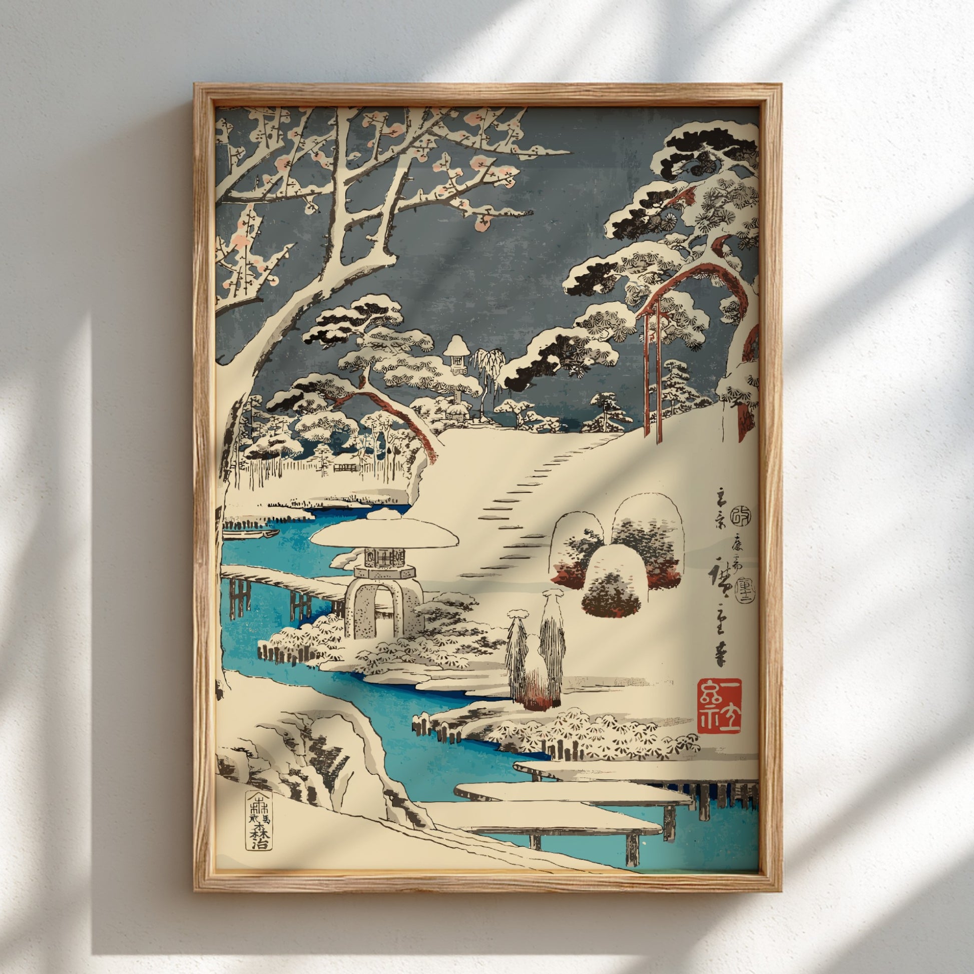 Japanese art poster of plum blossoms in snow, featuring a stone lantern and a blue river in Ukiyo-e style.