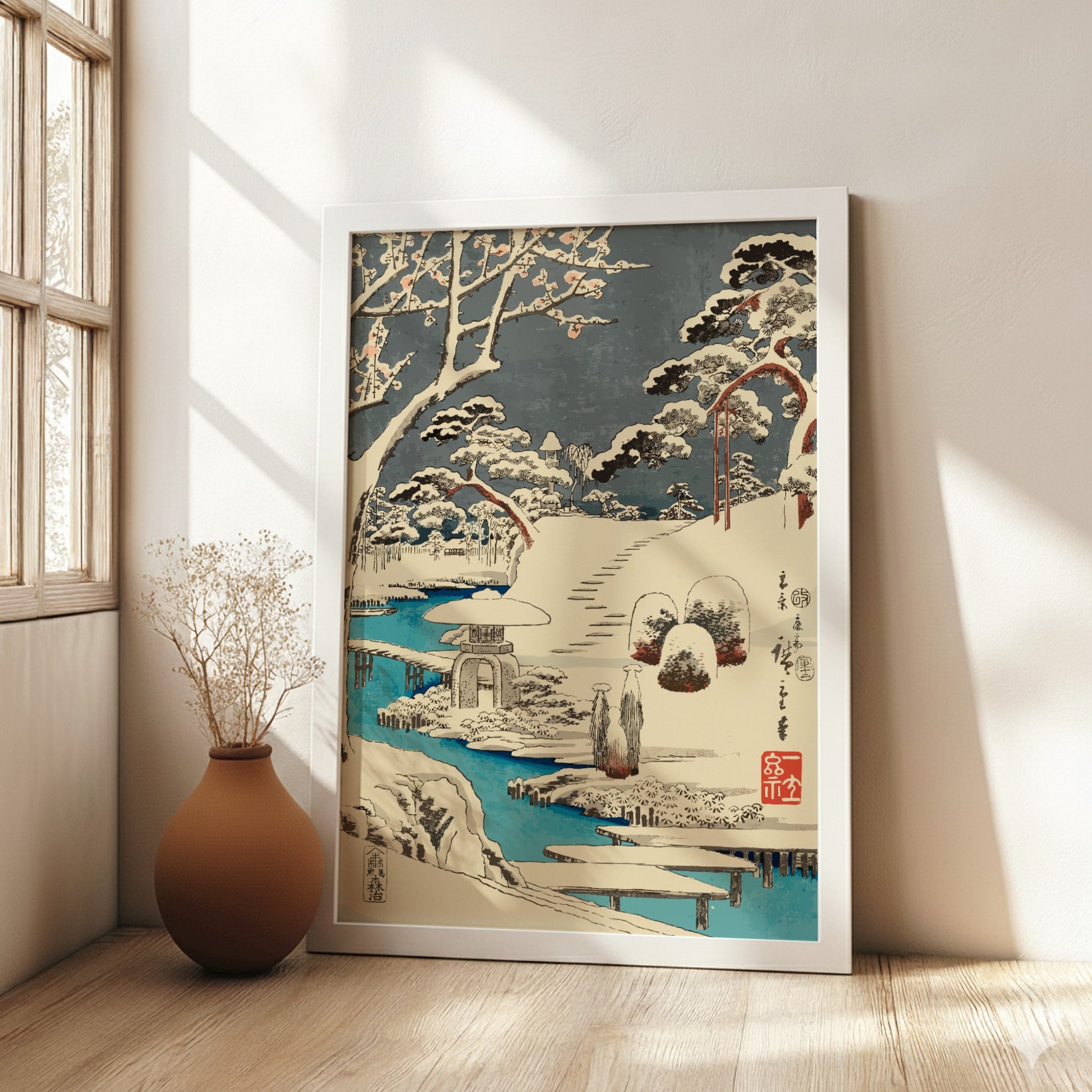 Japanese art poster of plum blossoms in snow, featuring a stone lantern and a blue river in Ukiyo-e style.
